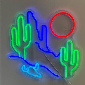 Temu desert cactus Wild West monument valley scene neon sign light bull skull